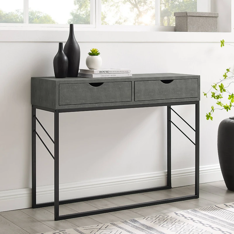 Walker Edison Gray 2-Drawer Faux Shagreen Entry Table