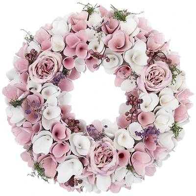 13.5" Pink & White Wooden Floral Spring Artificial Wreath with Berries