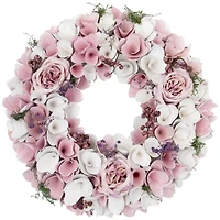 13.5" Pink & White Wooden Floral Spring Artificial Wreath with Berries
