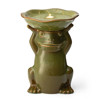 Glitzhome® 21.5" LED Olive Green Frog Holding Lotus Birdbath Ceramic Outdoor Floor Fountain