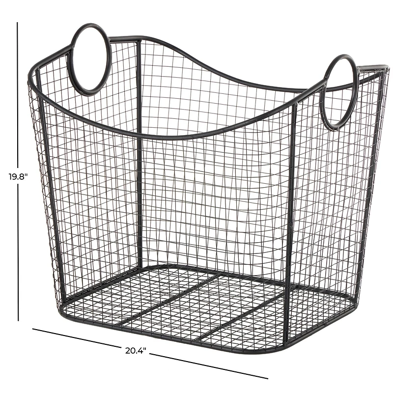 20" Black Metal Storage Basket with Curved Sides & Ring Handles
