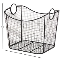 20" Black Metal Storage Basket with Curved Sides & Ring Handles