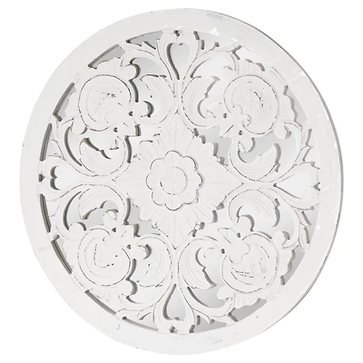 American Art Décor™ 24" Distressed Reflective Hand-Carved White Floral Wood Wall Medallion