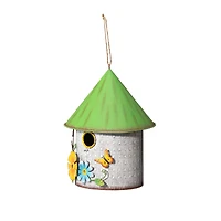 Glitzhome® 11" Distressed Metal Birdhouse with 3D Flowers & Butterfly