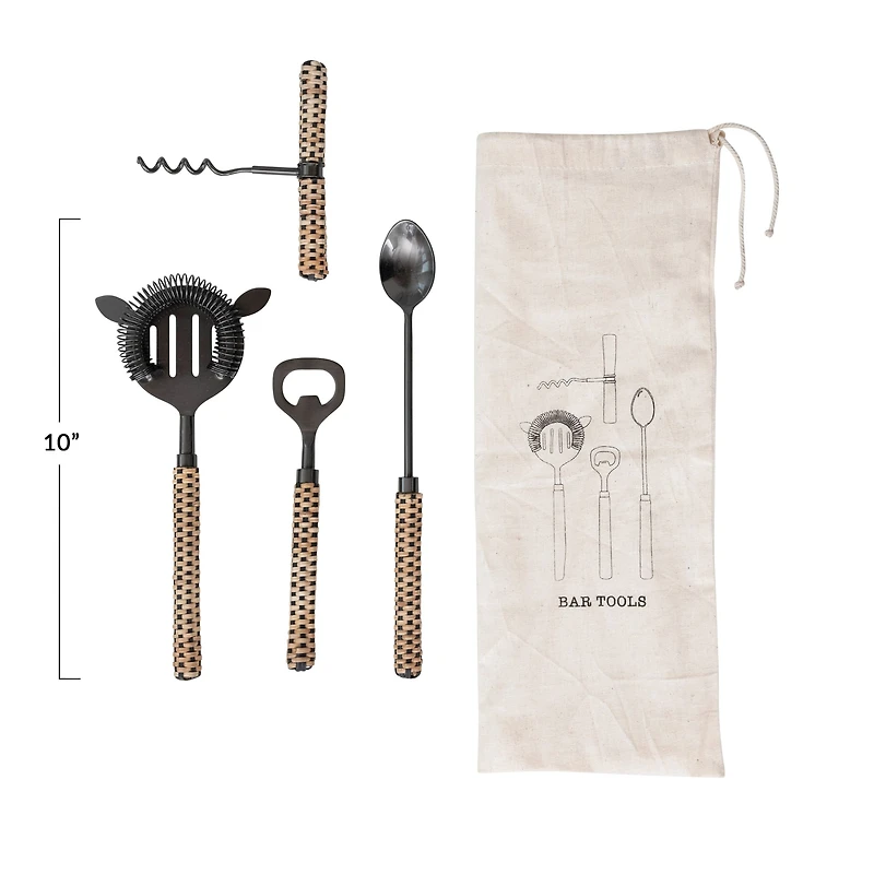 Hello Honey® Stainless Steel Bar Tools with Rattan Wrapped Handles
