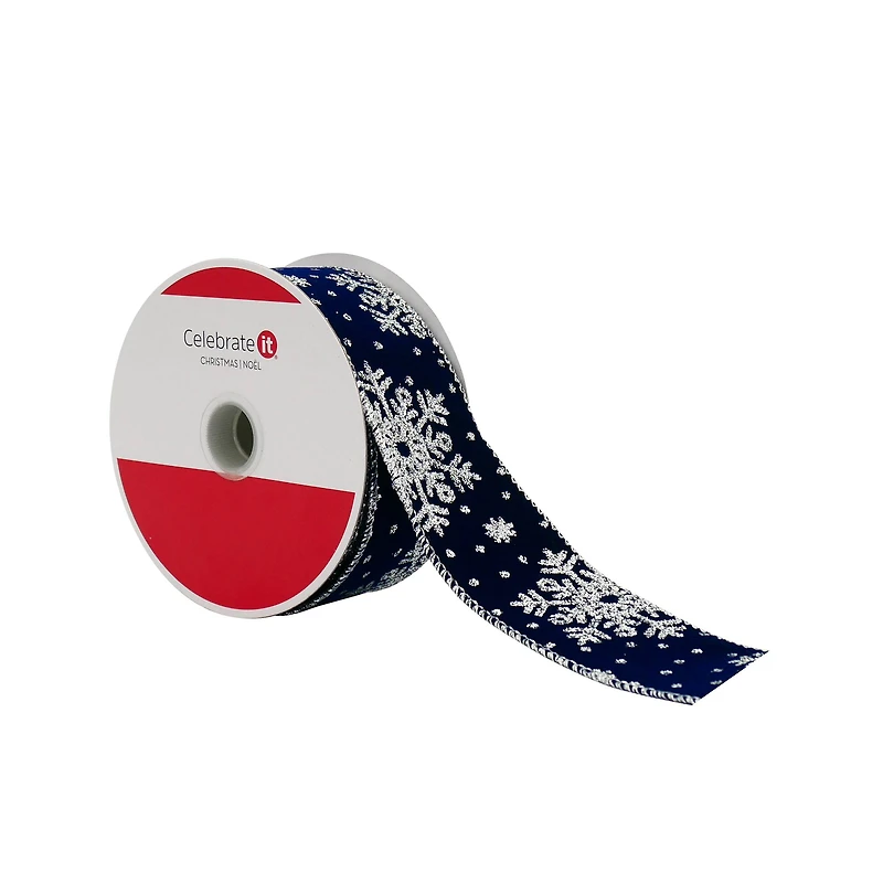 1.5" x 25ft. Navy & Silver Snowflake Wired Velvet Ribbon by Celebrate It®