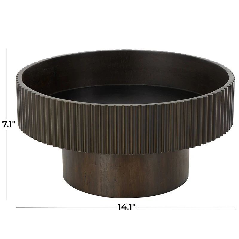 14" Wood Ribbed Decorative Bowl with Elevated Base