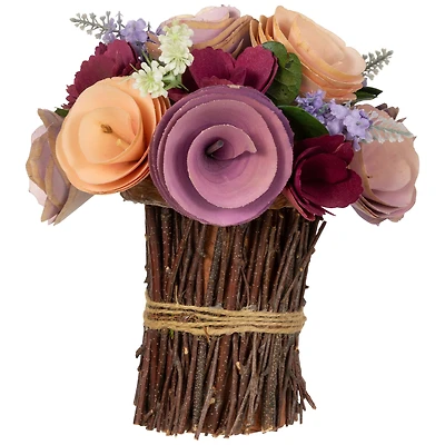 9.5" Wine Red & Purple Wooden Floral Artificial Spring Bouquet