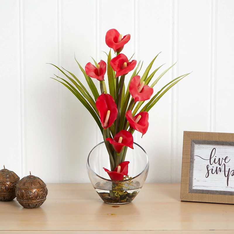 15.5" Red Calla Lily & Grass Arrangement in Vase