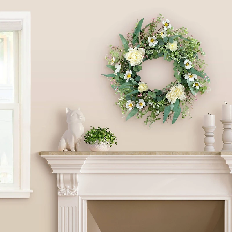 24" White Spring Peony & Dogwood Floral Wreath