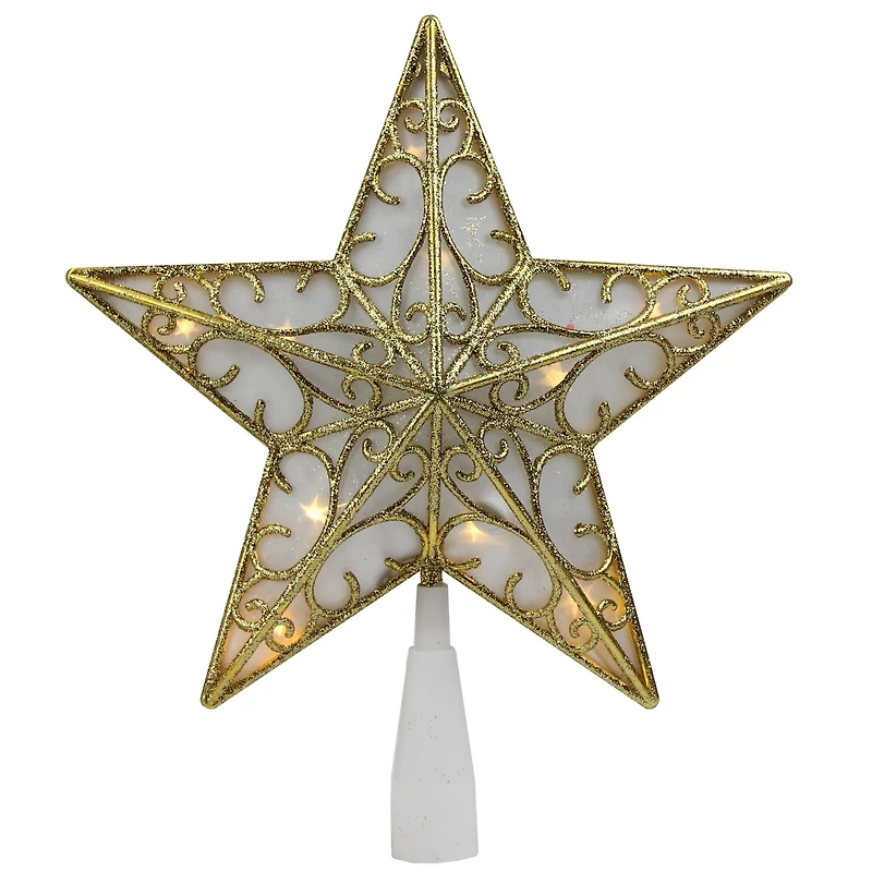 9" Gold & White Glittered Star LED Christmas Tree Topper, Warm White Lights