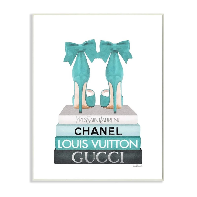 Stupell Industries Turquoise Bow Heels on Books Women's Fashion Wood Wall Plaque