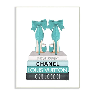 Stupell Industries Turquoise Bow Heels on Books Women's Fashion Wood Wall Plaque