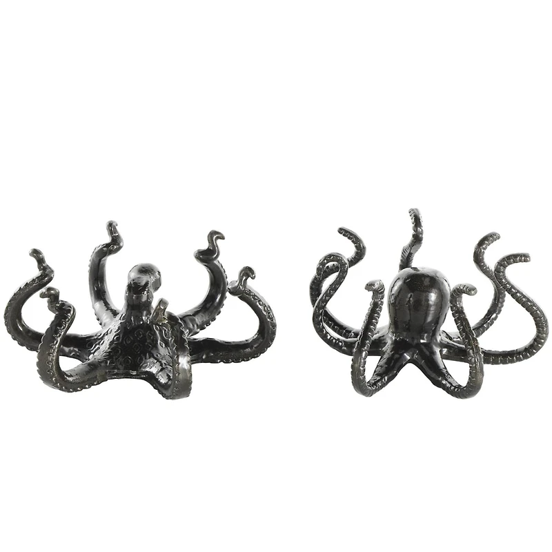 Black Aluminum Metal Octopus with Splayed Arms Sculpture Set