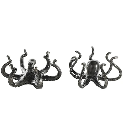 Black Aluminum Metal Octopus with Splayed Arms Sculpture Set