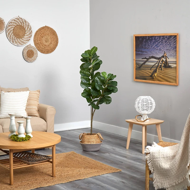 4.5ft. Fiddle Leaf Fig Artificial Tree with Boho Chic Handmade Cotton and Jute White Woven Planter