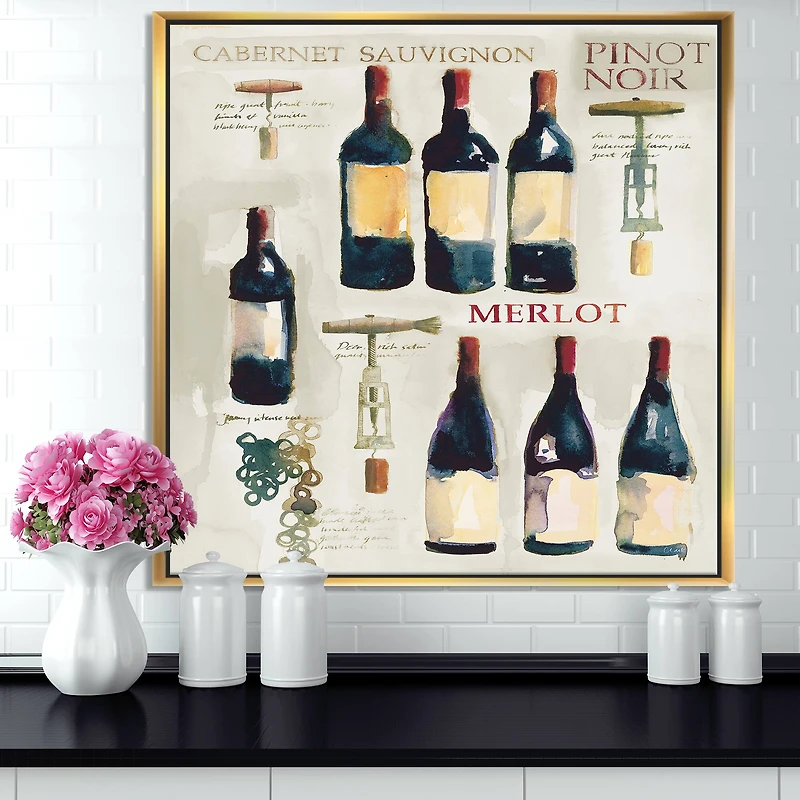 Designart - Red Sauvignon Wine Collage - Food and beverage Framed Canvas