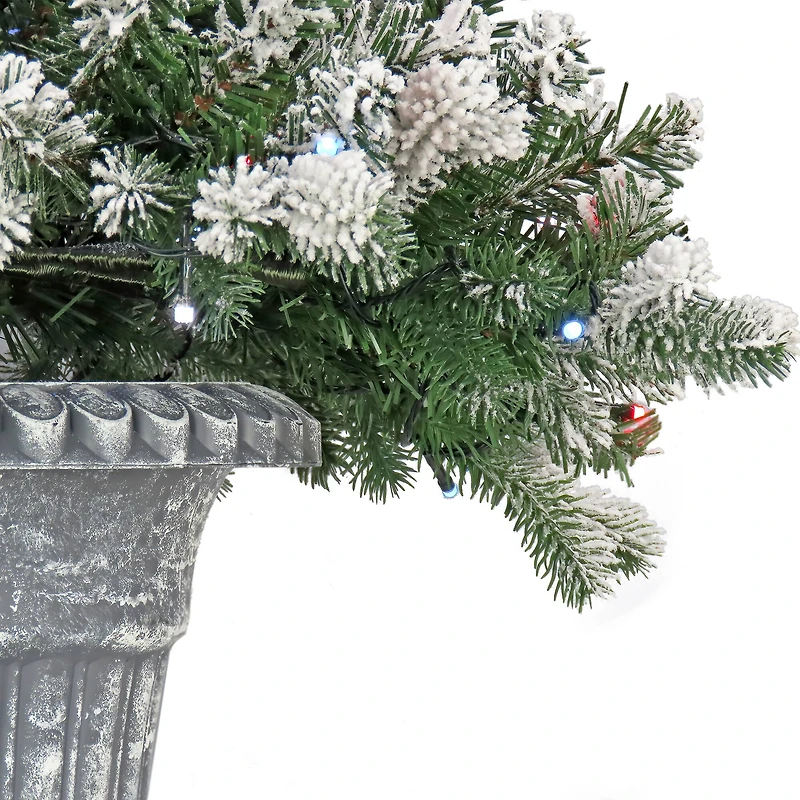 24" Feel Real® Snowy Sheffield Spruce Porch Bush in Silver Brushed Plastic Urn