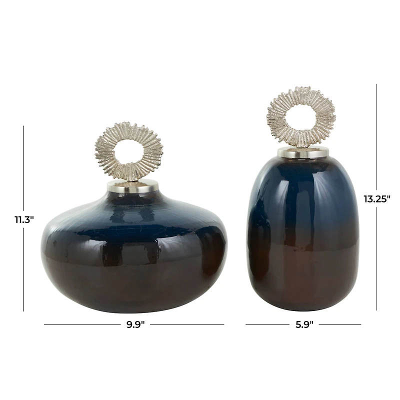 Blue Metal Ombre Decorative Jars with Brown Accents & Silver Ring Handles Set