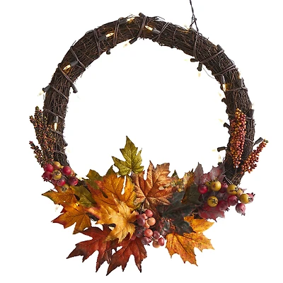 21" LED Maple Leaf & Berries Wreath