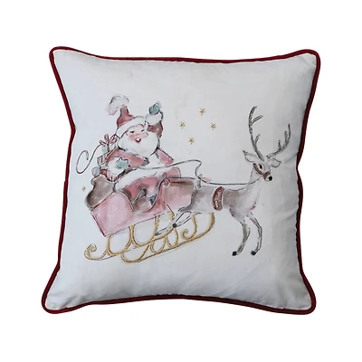 Hello Honey® Multicolor Square Cotton Printed Pillow with Santa in Sleigh