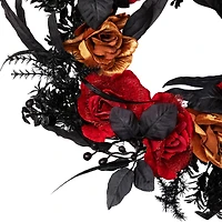 22" Red & Gold Roses with Black Foliage Halloween Wreath
