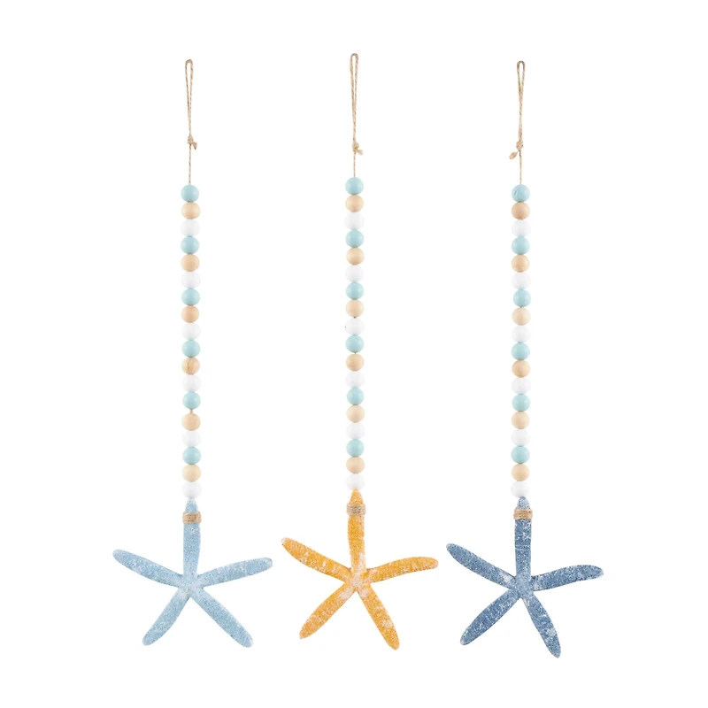 Blue Wood Starfish Handmade Dimensional Wall Décor with Beaded Hanging Rope, Set 3