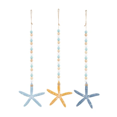 Blue Wood Starfish Handmade Dimensional Wall Décor with Beaded Hanging Rope, Set 3