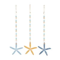 Blue Wood Starfish Handmade Dimensional Wall Décor with Beaded Hanging Rope, Set 3