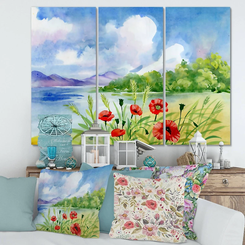 Designart - Red Tulips On The Bank Near A Mountain River