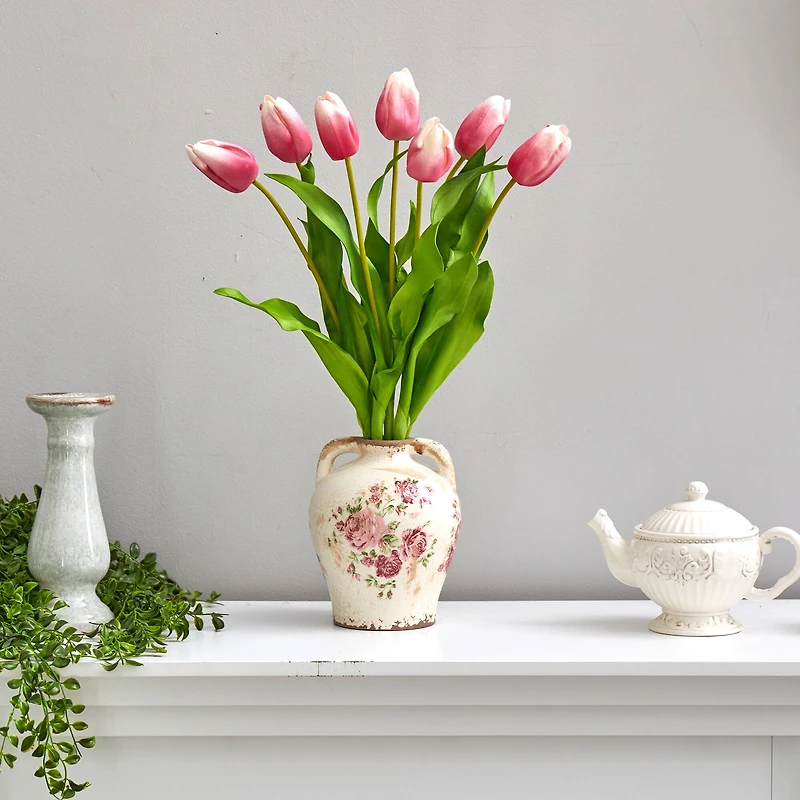 22" Pink Dutch Tulip Arrangement in Flower Print Jar