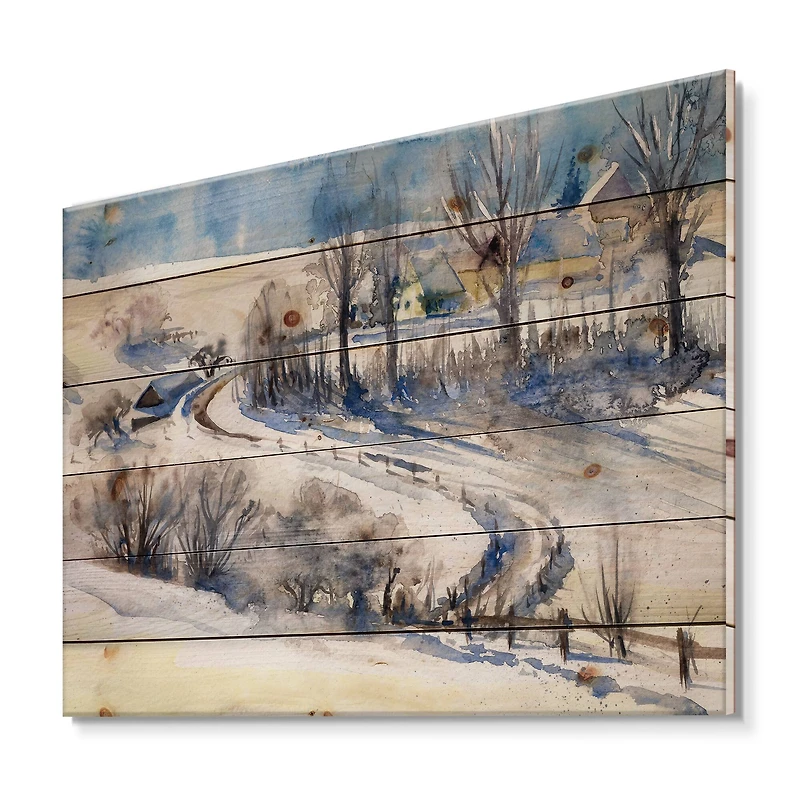 Designart - Country Road In Winter Times I - Traditional Print on Natural Pine Wood