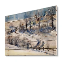 Designart - Country Road In Winter Times I - Traditional Print on Natural Pine Wood