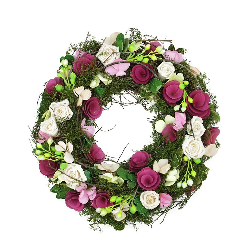 14in Purple & White Flowers with Green Leaves, Berries, & Twigs Spring Wreath 
