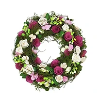 14in Purple & White Flowers with Green Leaves, Berries, & Twigs Spring Wreath 
