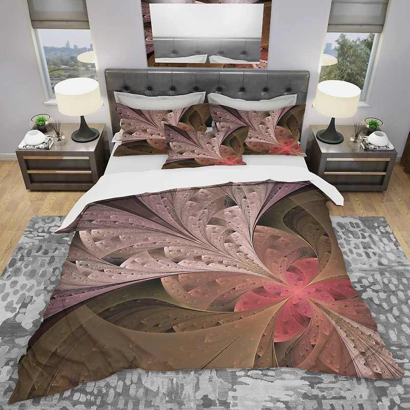 Designart Beautiful Fractal Flower in Beige Duvet Cover Set