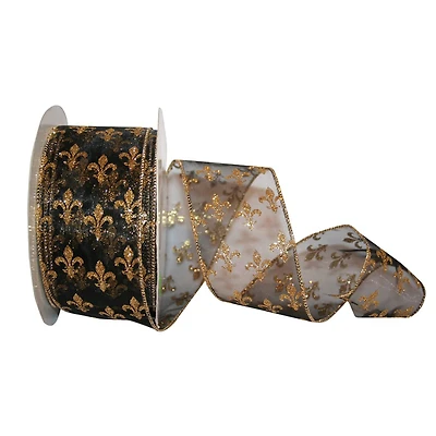 Reliant 2.5" x 25yd. Sheer Wired Black & Gold Fleur-De-Lis Ribbon