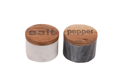 Hello Honey® Black & White Marble Salt & Pepper Pots with Wood Lids Set