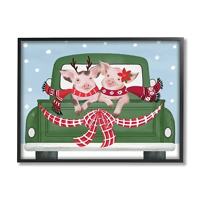 Stupell Industries Farmhouse Pigs Green Holiday Truck Framed Giclee Art