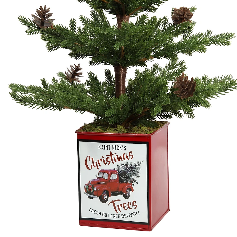 24" Unlit Fir Artificial Christmas Tree with Pinecones in Red Metal Pot