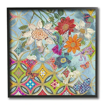 Stupell Industries Circular Arabesque Abstract Floral Hummingbird Framed Wall Art