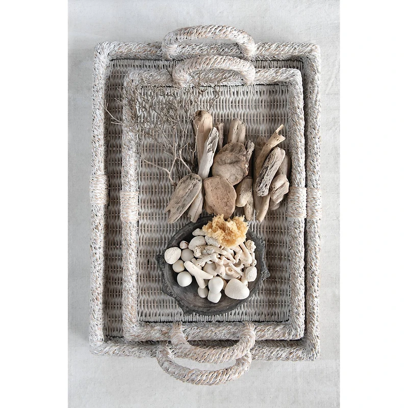 Hello Honey® Whitewashed Decorative Rattan Tray Set with Handles