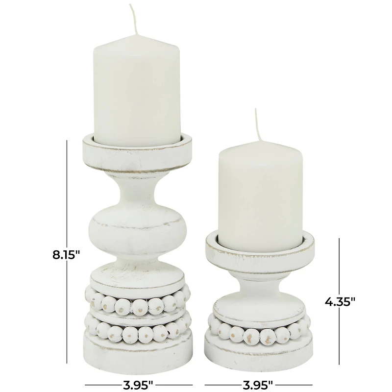 The Novogratz White Wood Beaded Pillar Candle Holder Set