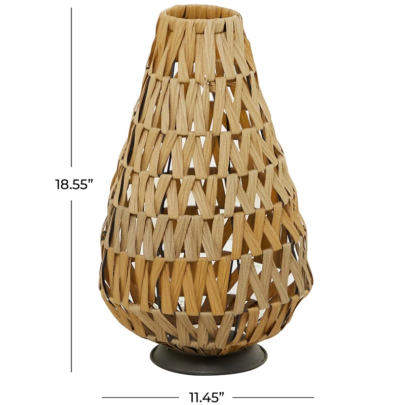 19" Light Brown Plastic Rattan Handmade Candle Lantern with Wrapped Zig Zag Design
