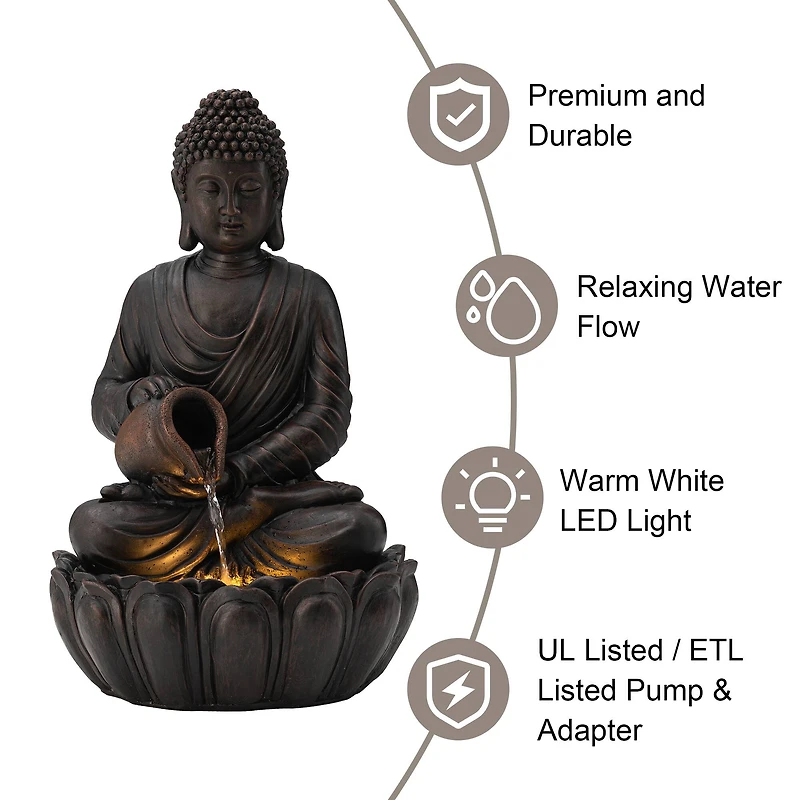 Glitzhome® 20.5" Zen-Style LED 2-Tier Buddha Statue Outdoor Fountain