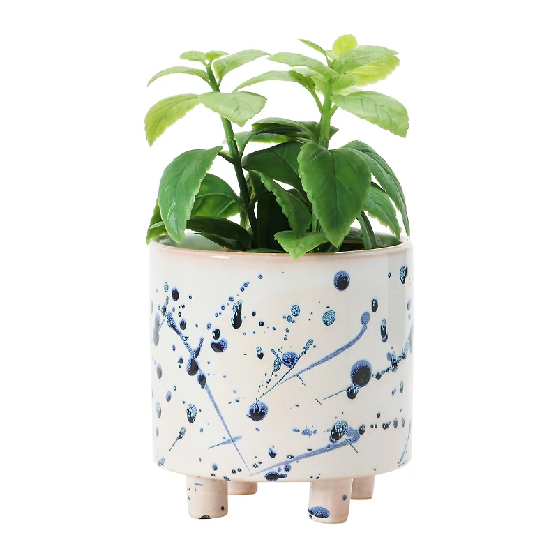 Hello Honey® 6" White & Blue Splatter Design Stoneware Footed Planter