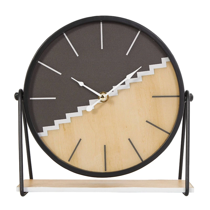 9" Black Metal Geometric Clock with Faux Wood Accents