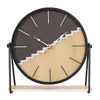 9" Black Metal Geometric Clock with Faux Wood Accents