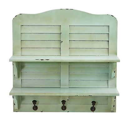 20" Vintage Window Shutter Shelving with Hooks Wall Decor