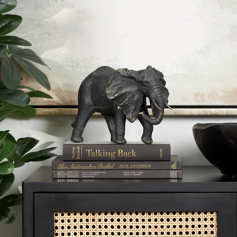 10" Bronze Polystone Elephant Sculpture with Gold Detailing